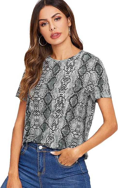 Milumia Women's Casual Snakeskin Print Round Neck Short Sleeve T Shirt Tee Tops | Amazon (US)