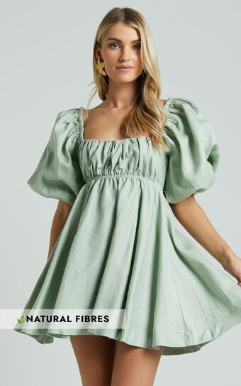 Amalie The Label - Hamyya Linen Tie Back Puff Sleeve Mini Dress in Sage | Showpo (US, UK & Europe)