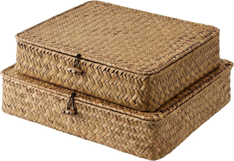 StorageWorks Wicker Basket with Lid, Flat Wicker Storage Bins with Lids, Decorative Storage Boxes... | Amazon (CA)