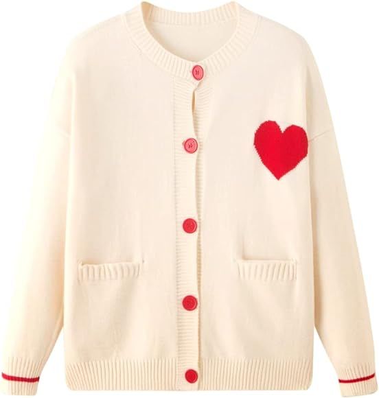 FindThy Women's Cute Cardigan Sweater Kawaii Love Heart Print Y2K Button Knitted Outerwear(0335-0... | Amazon (US)