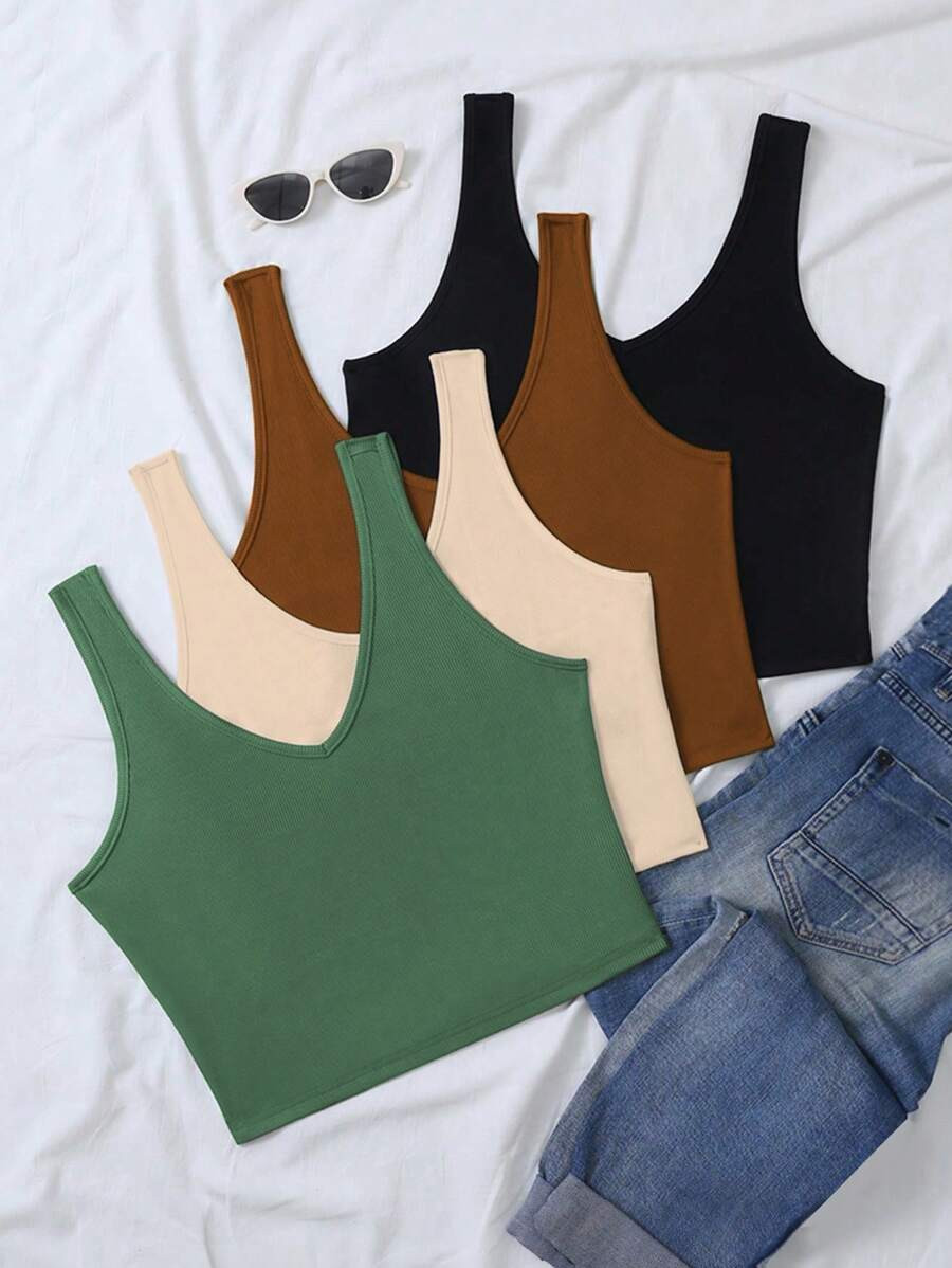 Calvaya Plus Size Solid Color V-Neck Slim Fit Tank Top | SHEIN