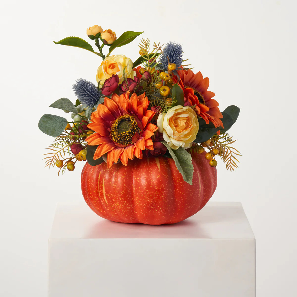 Fall Two-tone Sunflower Pumpkin Floral Arrangement with Ranunculus & Thistle Thanksgiving Centerp... | Darby Creek Trading