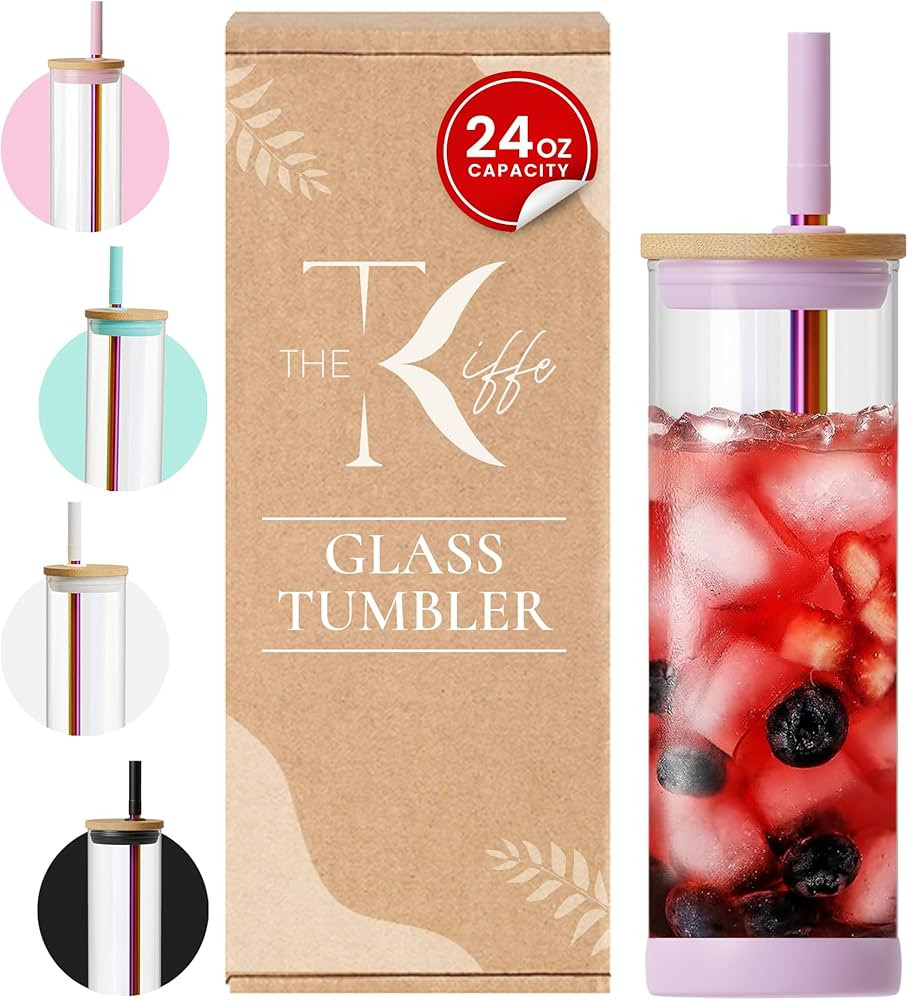 The Kiffe 24 oz Glass Tumbler with Straw and Lid - Water Bottle with Bamboo Lid Stainless Silicon... | Amazon (US)