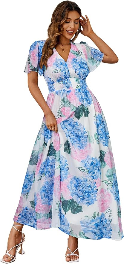 Simplee Women's Boho Floral Maxi Dress Flowy Casual V Neck Short Sleeve Wedding Guest Holiday Bea... | Amazon (US)