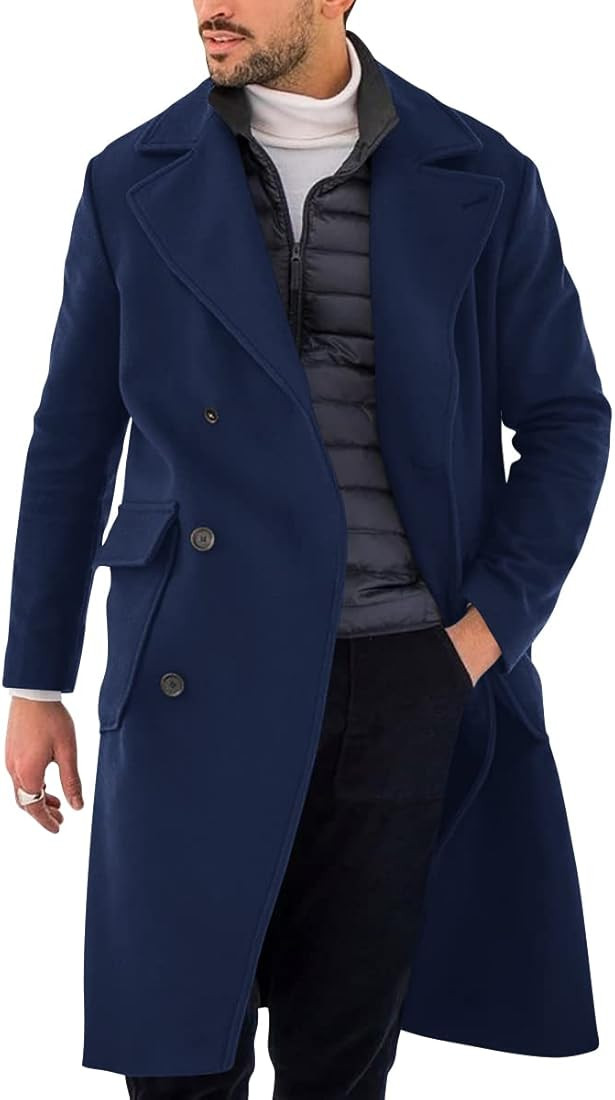 Pretifeel Mens Trench Coat Slim Fit Double Breasted Long Overcoat Classic Fall Winter Topcoat | Amazon (US)