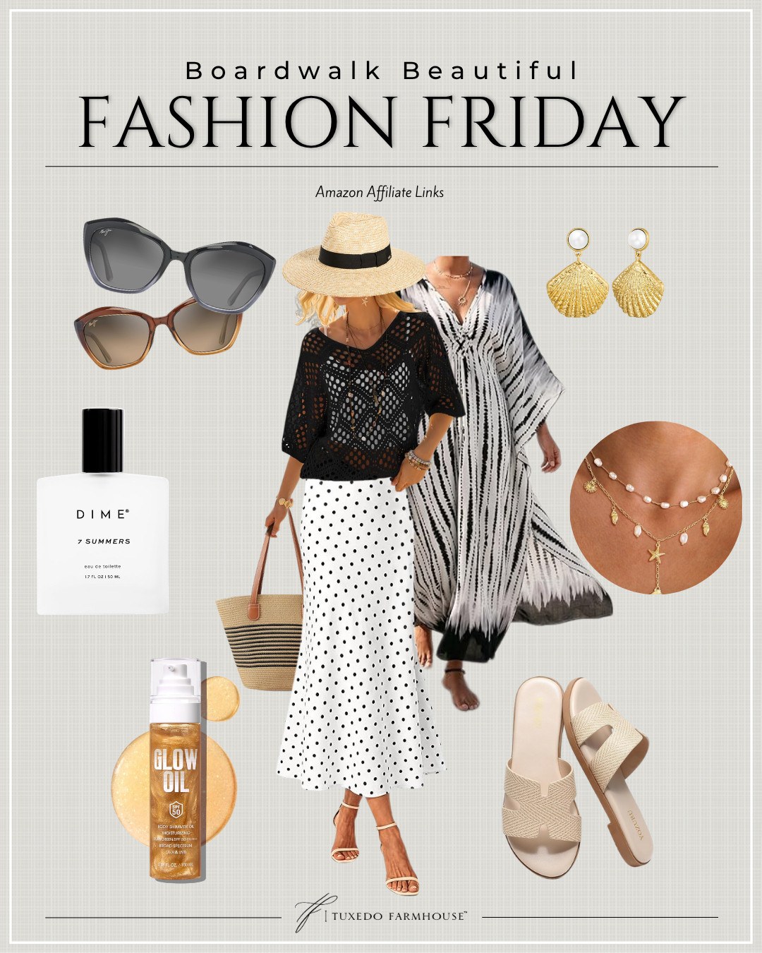 This boardwalk-inspired pairing balances ease with intention—fluid silhouettes grounded in a disciplined black-and-white palette. The interplay of texture does the work: airy crochet layered over crisp polka dots, and a softly draped printed caftan that moves with quiet confidence.

Accessories remain deliberate and understated. Sculptural gold jewelry introduces warmth without excess, while woven elements—a structured straw hat and classic carryall—lend a sense of place. Neutral slides and oversized sunglasses complete the look with a practical elegance suited for long, unhurried days by the water. 

 #LTKSeasonal #LTKHome #LTKSaleAlert