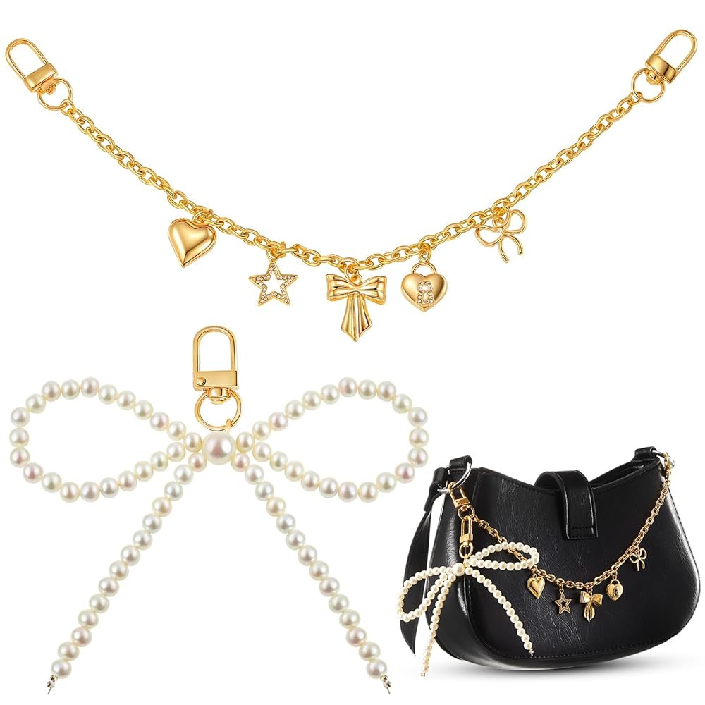Tondiamo 2 Pcs Bow Bag Charm Pearl Keychain Gold Bow Heart Pendant Purse Bag Chain Bowknot Extend... | Amazon (US)