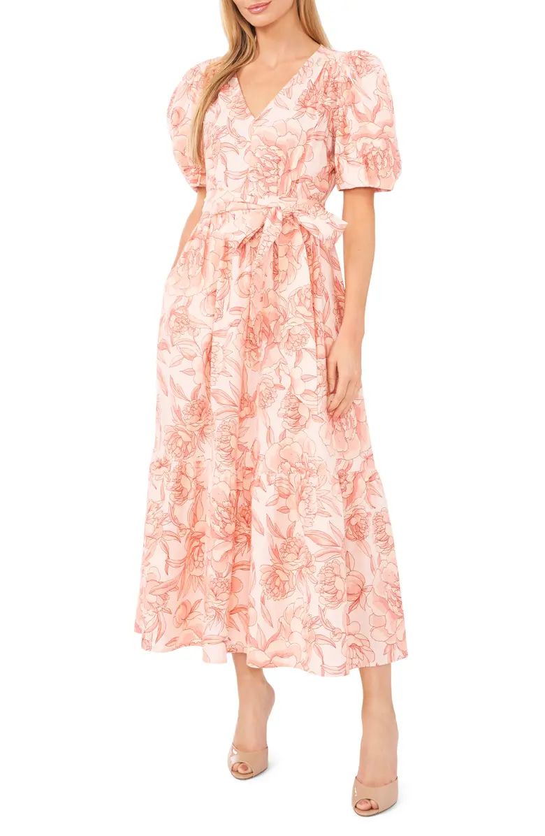 Floral Puff Sleeve Linen Blend Dress | Nordstrom