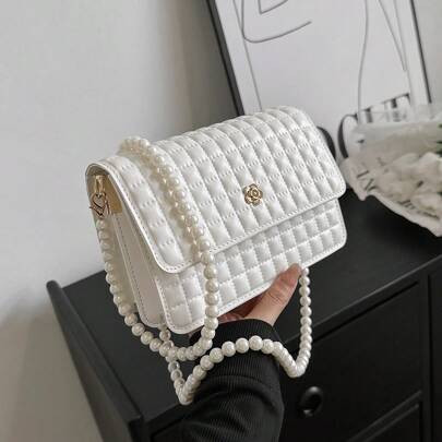 Mini Flap Square Bag Quilted Pattern Metal Decor Pearl Strap | SHEIN