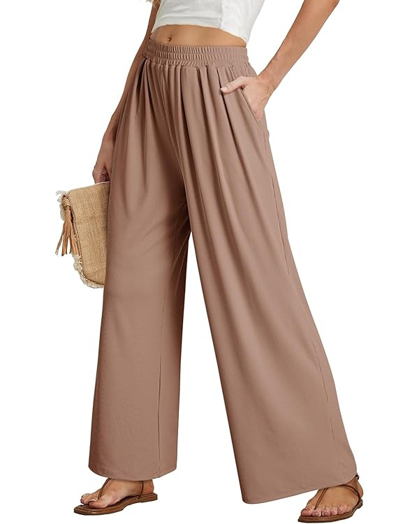 Dokotoo Women's Elastic Waist Wide Leg Pants Baggy Casual Stretch Palazzo Pants with Pockets | Amazon (US)