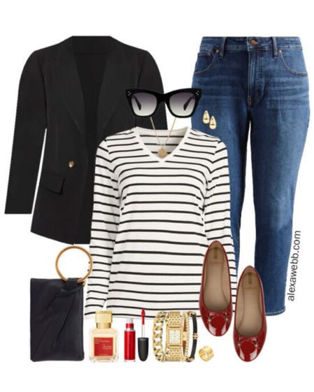 Plus Size Stripes and Blazer Outfits - A plus size casual outfit with jeans, a blazer, and striped tee. Alexa Webb

#LTKstyletip #LTKplussize #LTKitbag