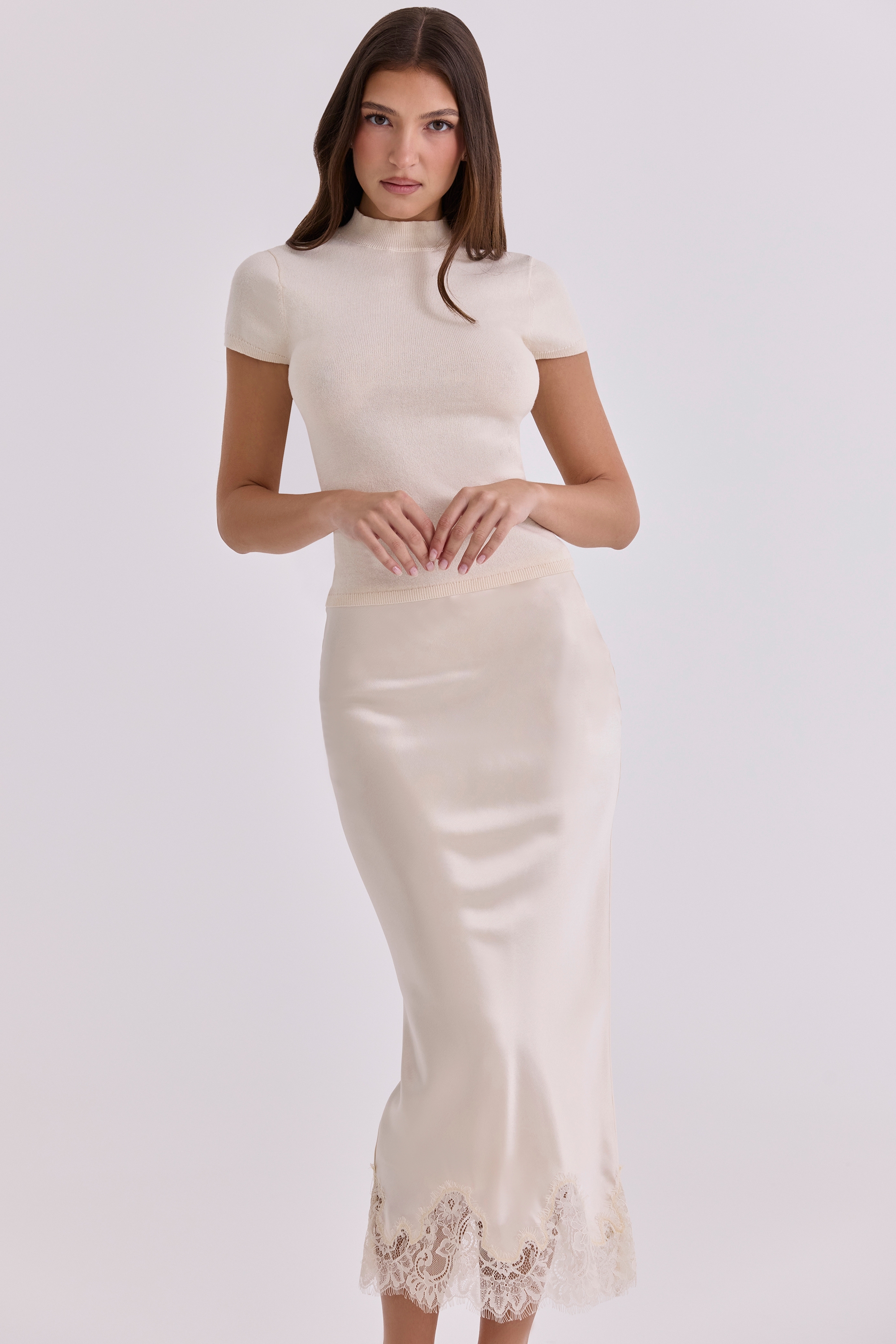 vintage ivory satin + lace midi skirt | House of CB
