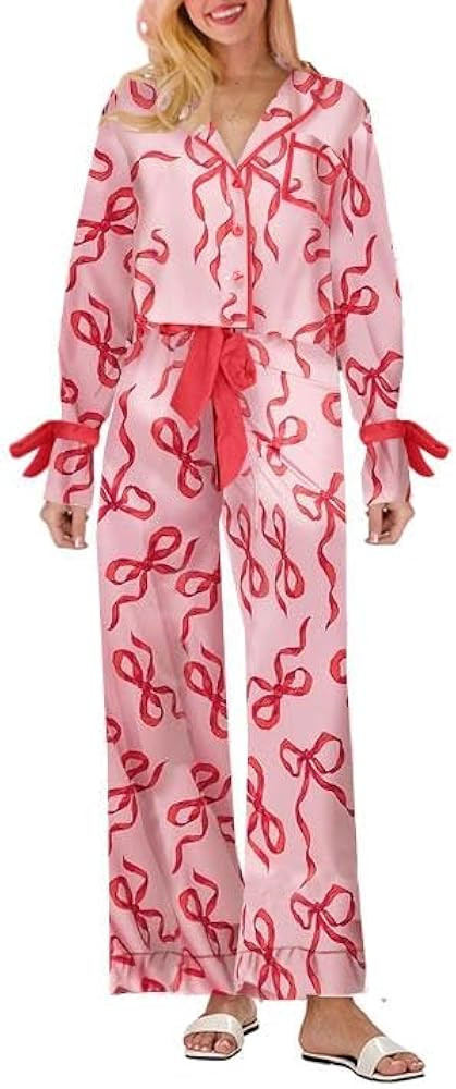 Sastianaen Cute Satin Pajama Set for Women Silk Bow Tie Long Sleeve Shirt and Pants 2 Piece Sleep... | Amazon (US)