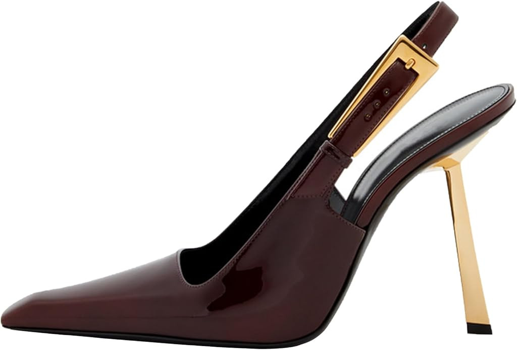 Women's Slingback Stiletto High Heels Pointed Toe Metal Buckle Pumps Backless Fashion Dress Shoes | Amazon (US)