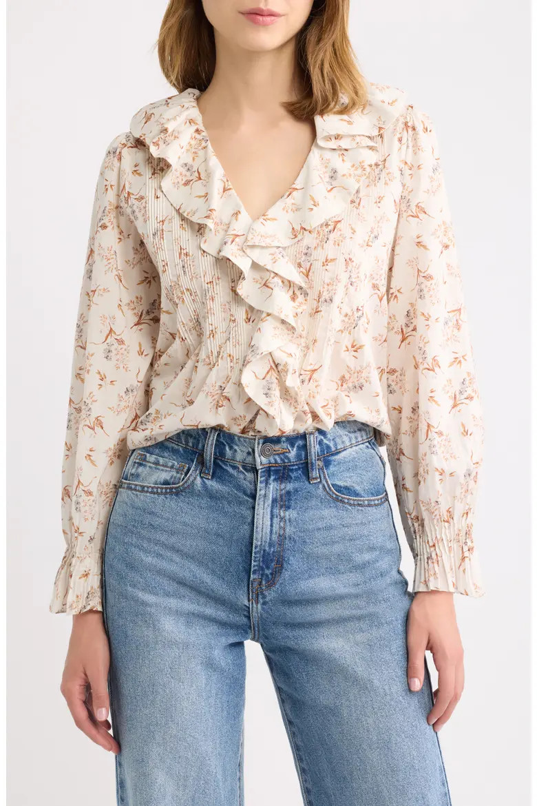 DÔEN Hardy Ruffled V-Neck Organic Cotton Top in Creme Windswept Meadow at Nordstrom, Size Large | Nordstrom