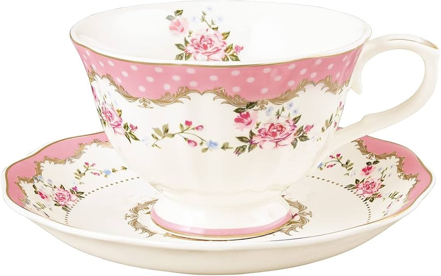 fanquare English Floral Tea Cup, Pink Porcelain Coffee Cup, 7oz Flower Tea Cup and Saucer, Elegan... | Amazon (US)
