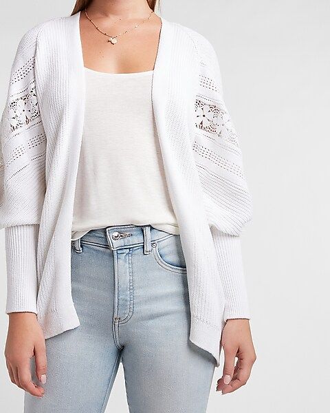 Ribbed Lace Pieced Puff Sleeve Cardigan | Express