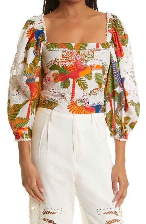 FARM Rio Forest Birds Smocked Embroidered Blouse in Off-White at Nordstrom, Size X-Large | Nordstrom