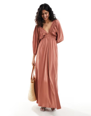 ASOS DESIGN plunge elastic tea maxi dress with ruched waist in rust | ASOS | ASOS (Global)