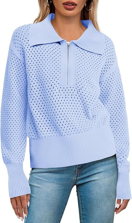 Doshoop Women's Half Zip Pullover Sweaters Crochet Lapel Collar Long Sleeve Knit Solid Color Jump... | Amazon (US)