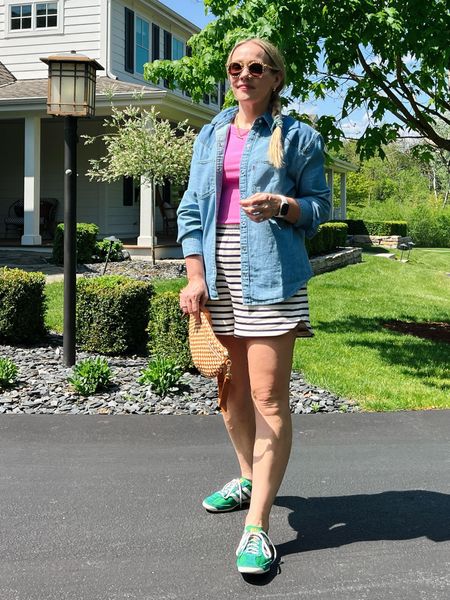 Weekend casual summer outfit - gap stripe shorts, chambray top, pink racer back tank, layered gold necklaces, Clare v bag, Krewe sunglasses, adidas sneakers, bombas socks 

Check out more everyday casual outfits over on CLAIRELATELY.com 

#LTKStyleTip #LTKFindsUnder50 #LTKSeasonal