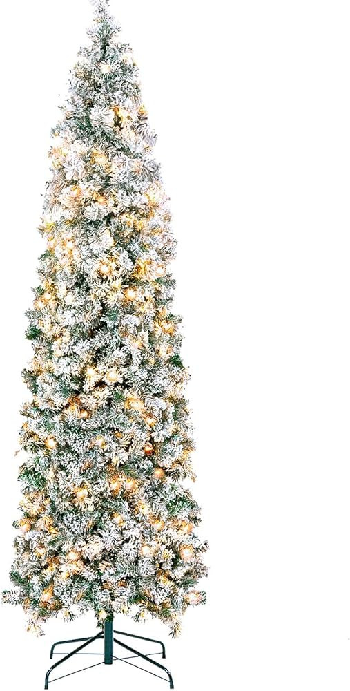 7d24hcare 7.5ft Pre-Lit Pencil Snow Flocked Christmas Tree, Artificial Slim Christmas Tree W/Meta... | Amazon (US)