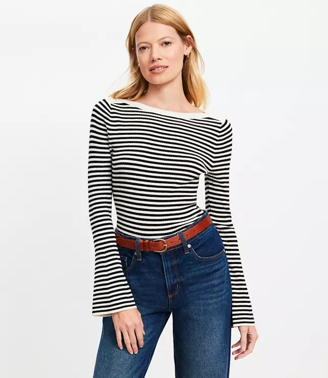 Striped Boatneck Flare Sleeve Sweater | LOFT