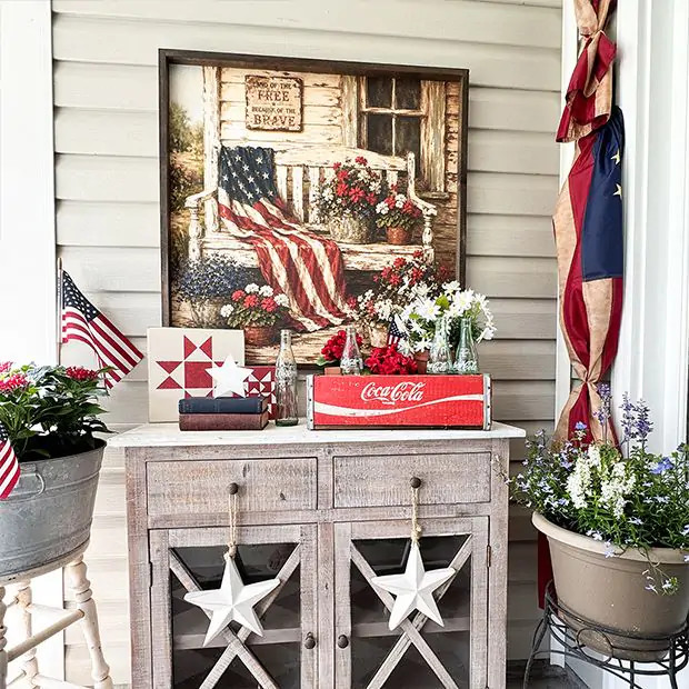 Patriotic Porch Scene Square Canvas Printed Sign | Antique Farm House