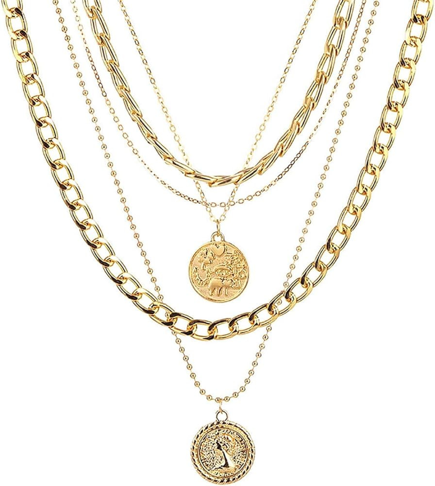 Todenb Layered Gold Pirate Necklace for Women Chunky Chain Pirate Jewelry 80s 90s Coin Pendant Ne... | Amazon (US)