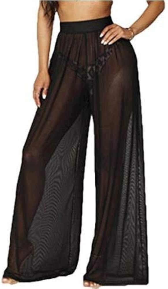 RUEWEY Women See Throug Mesh Flare Cover up Pants Swimsuit Bikini Bottom Cover up Elastic Waist W... | Amazon (US)