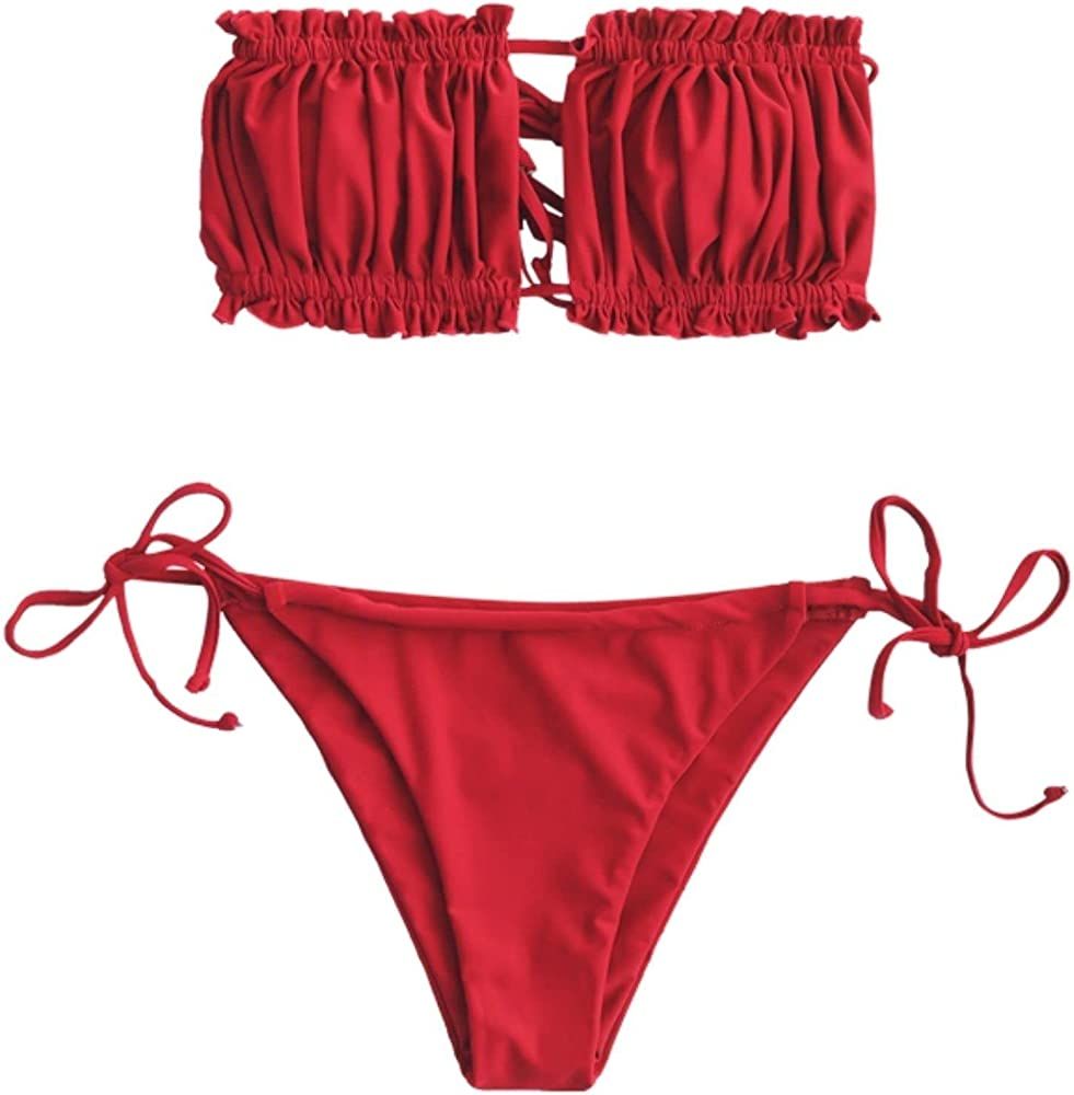 ZAFUL Women's Strapless Bikini Ribbed Tie Back Ruffle Cutout Bandeau Bikini Set Swimsuit | Amazon (US)