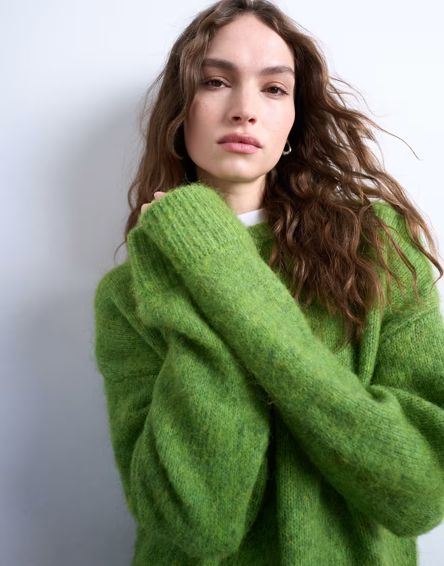 Topshop knit boxy fluffy crew neck sweater in green | ASOS (Global)