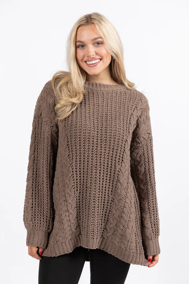Wide Open Spaces Mocha Oversized Chenille Crew Neck Sweater DOORBUSTER | Pink Lily
