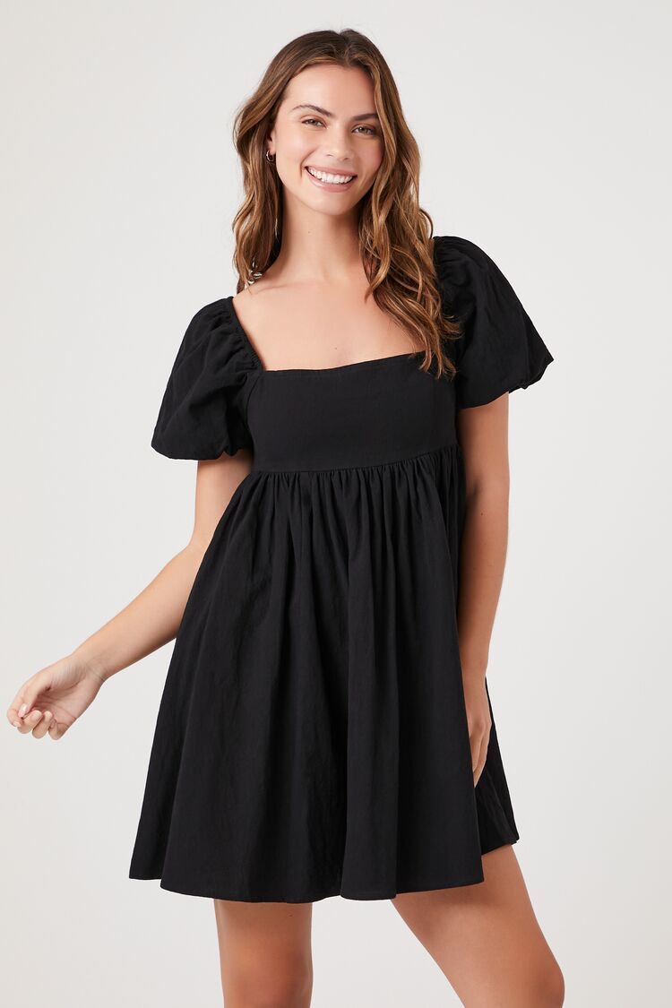 Women's Babydoll Puff-Sleeve Mini Dress in Black Large | Forever 21 (US)