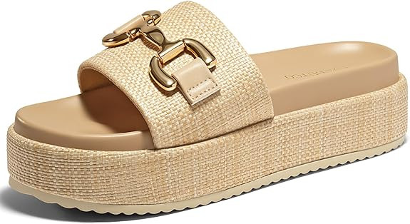 Coutgo Womens Platform Sandals Raffia Espadrilles Metal Chain Slip on Open Toe Cute Beach Slide S... | Amazon (US)