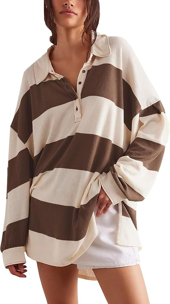 Women Striped Oversized Sweatshirt Long Sleeve Button Shirt Fall Fashion Hoodies Pullover Tops | Amazon (US)