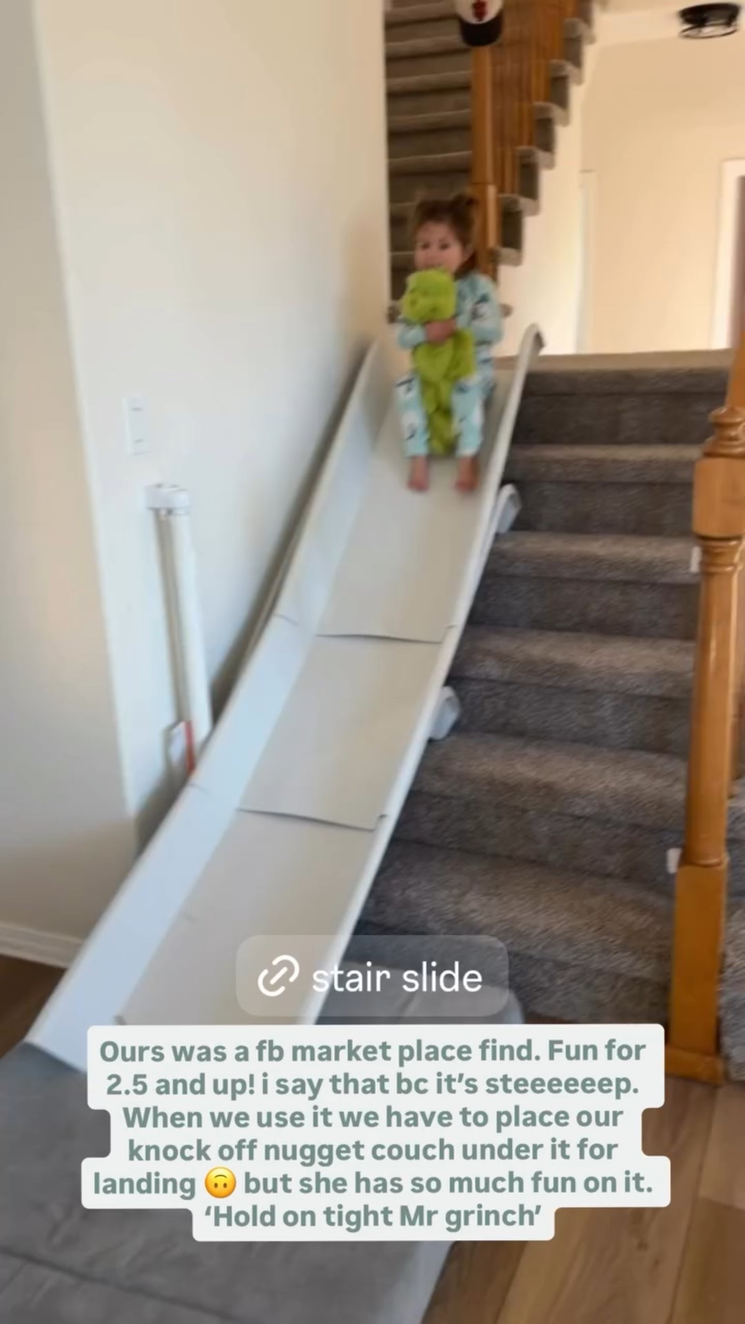 Stair slide for kids. Buildable stair slide. Use it all or only pieces. Ours was a fb market place find. Fun for 2.5 and up! i say that bc it’s steeeeeep. When we use it we have to place our knock off nugget couch under it for landing 🙃 but she has so much fun on it. ‘Hold on tight Mr grinch’

#LTKKids #LTKmomlife