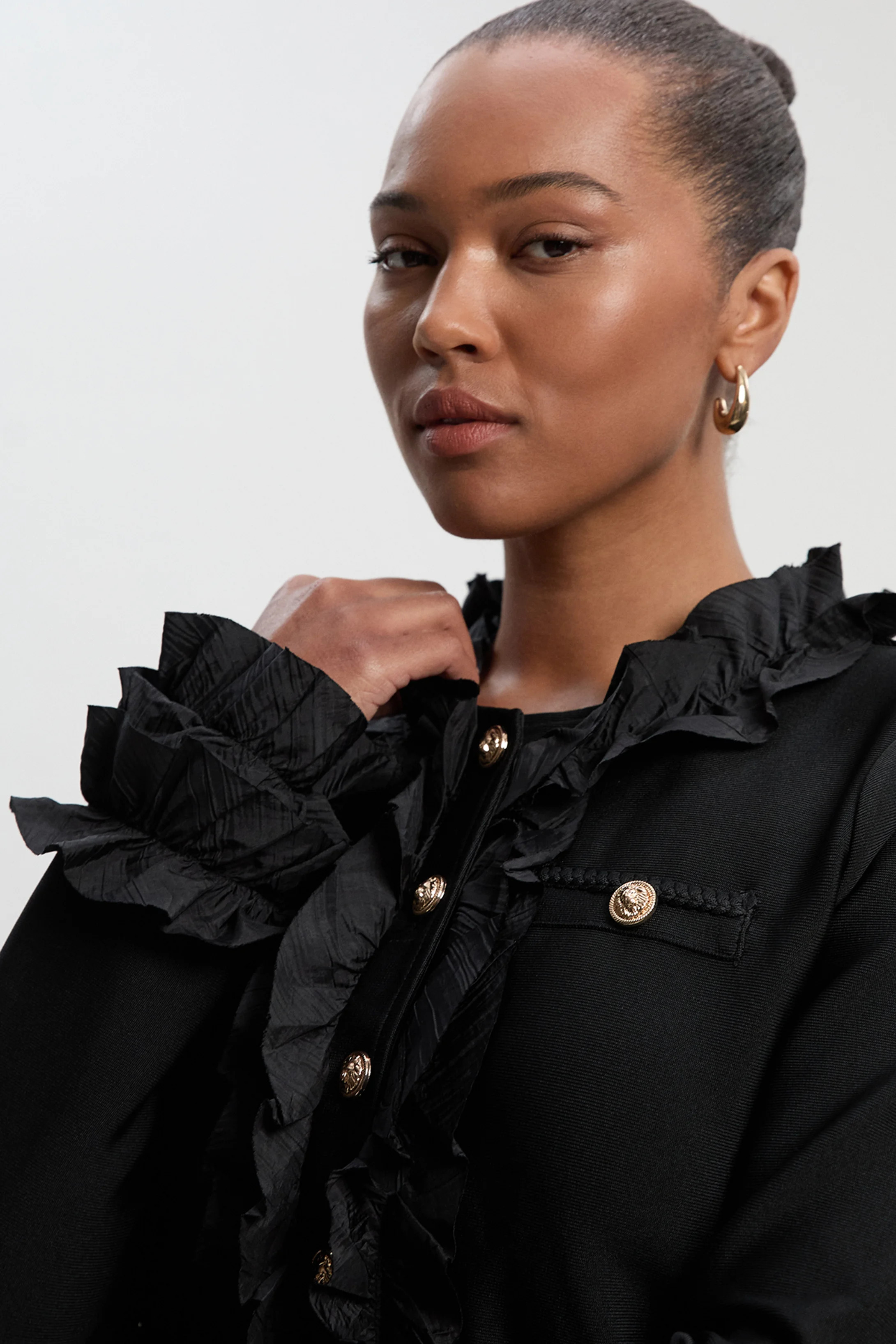 Plus Size Figure Form Bandage Knit Jacket With Woven Ruffle Trim | Karen Millen UK + IE + DE + NL