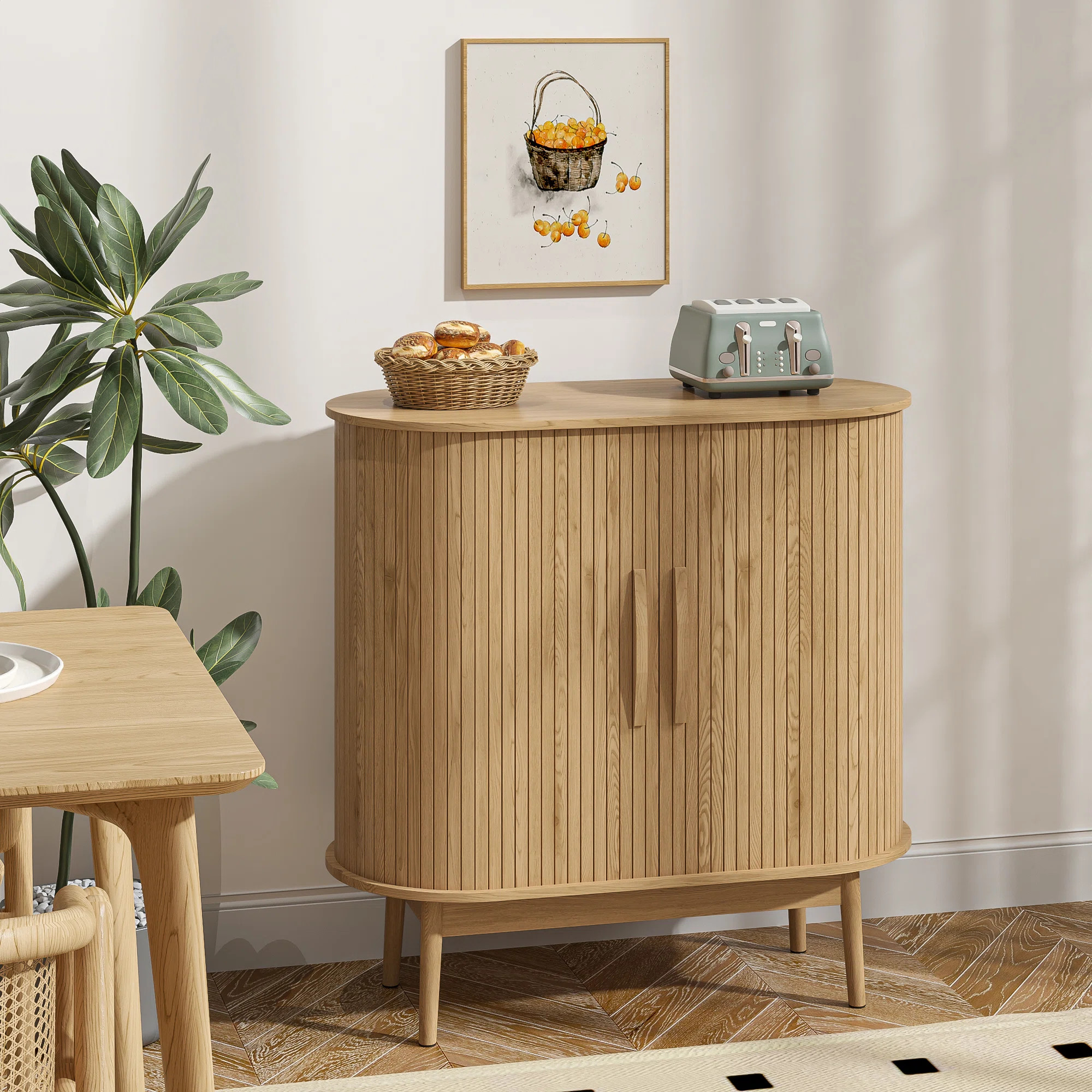 31.49" Oval Sideboard, Farmhouse Buffet With Striped Accent Sliding Door And Adjustable Shelves | Wayfair North America