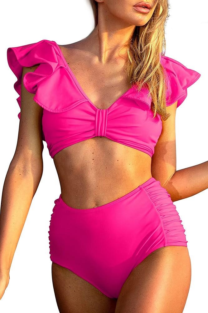 Peddney Flounce High Waisted Bikini Swimsuit for Women V Neck Ruffle Bikini Swimsuit | Amazon (US)