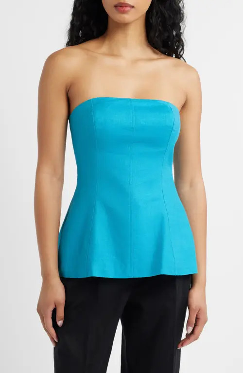 Topshop Strapless Linen Blend Peplum Top in Turquoise at Nordstrom, Size 0 Us | Nordstrom