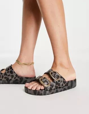 London Rebel double buckle footbed sandals in leopard | ASOS (Global)