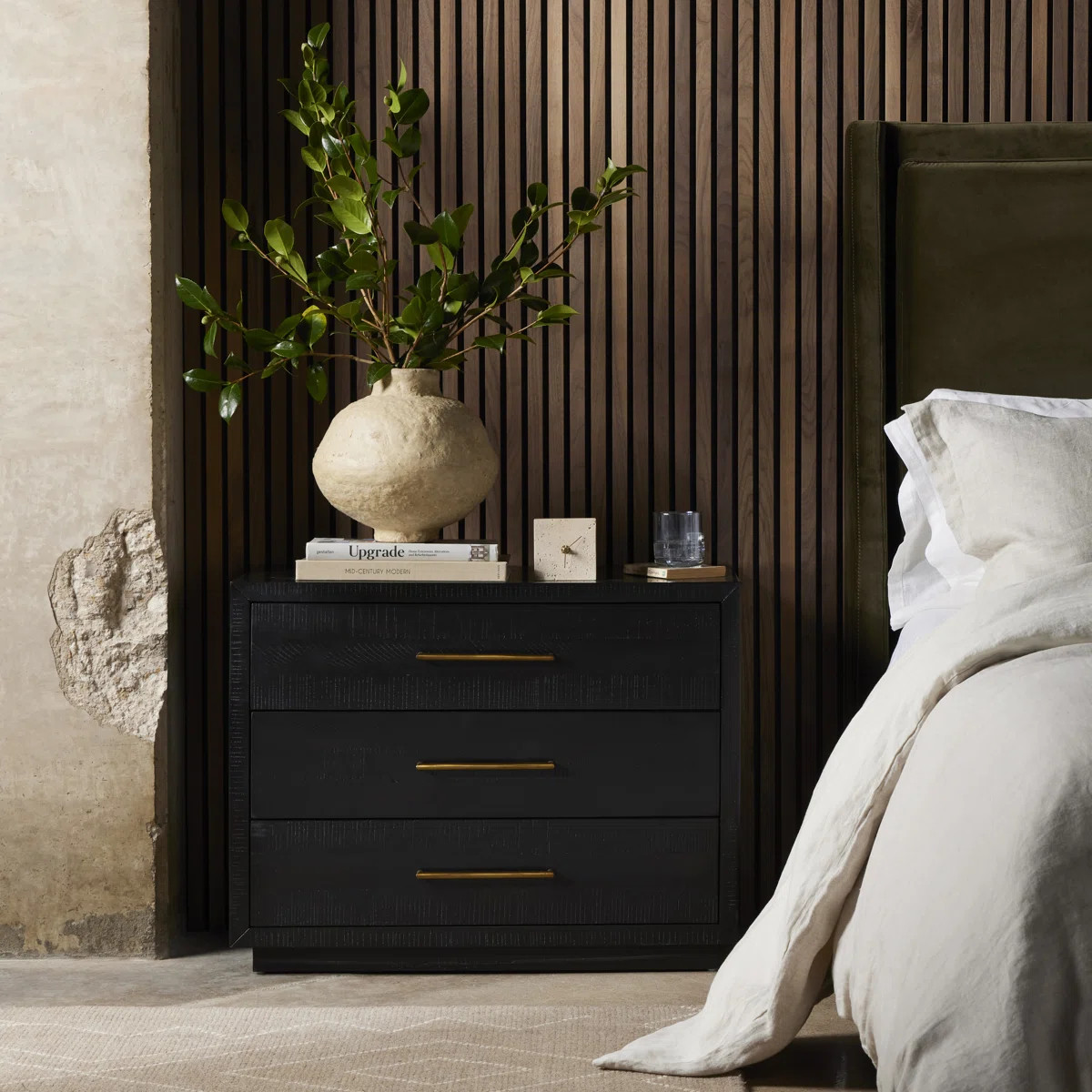 Birch Lane™ Boleyn 3 - Drawer Solid Wood Nightstand in Burnished Black/Brass & Reviews | Wayfai... | Wayfair North America