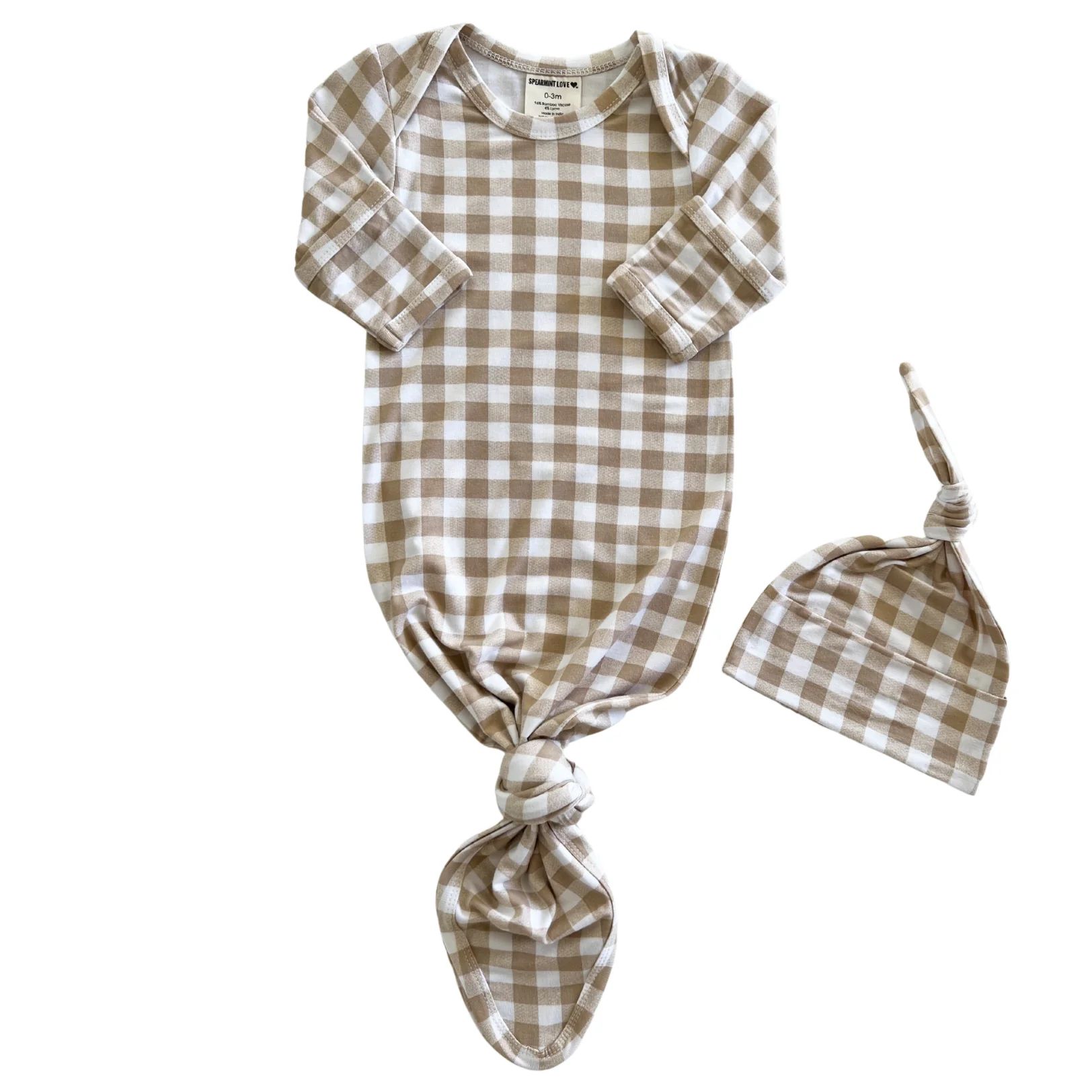 Knotted Gown & Hat Set, Tan Gingham | SpearmintLOVE