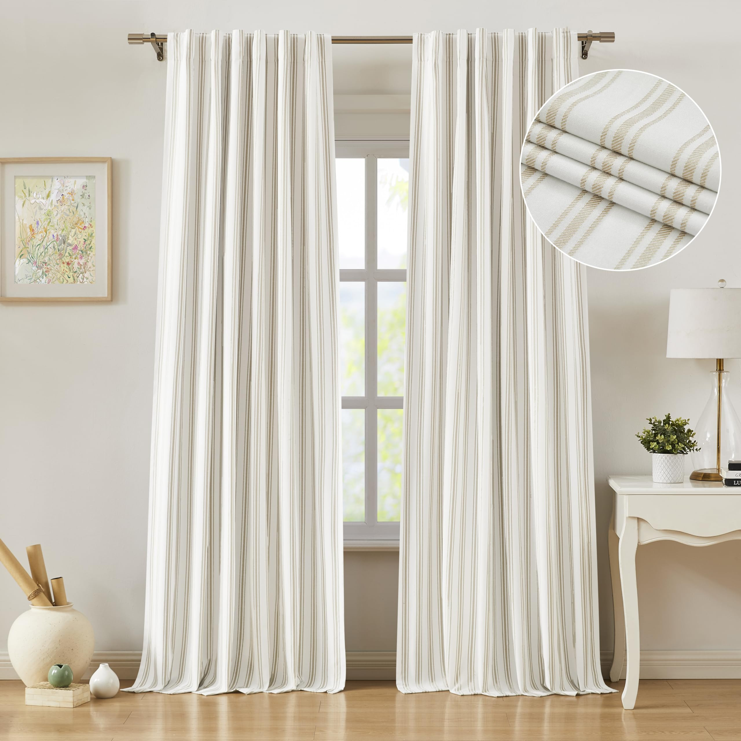 ZJDECOR Cotton Blended Striped Full Blackout Curtains for Bedroom 84 Inches,Beige Stripes White D... | Amazon (US)