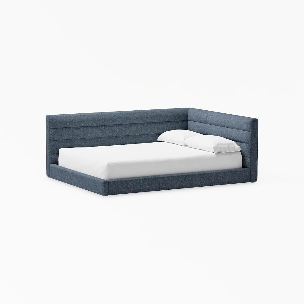 Hudson Corner Upholstered Bed, Queen, Boucle Twill Indigo | Pottery Barn Teen