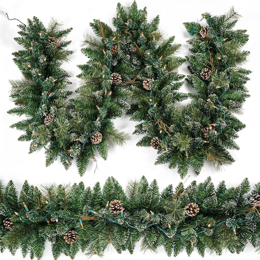 Christmas Garland Prelit 9 Ft Battery Operated with 50 Lights, Pine Cone and Snow Style Xmas Garl... | Amazon (US)