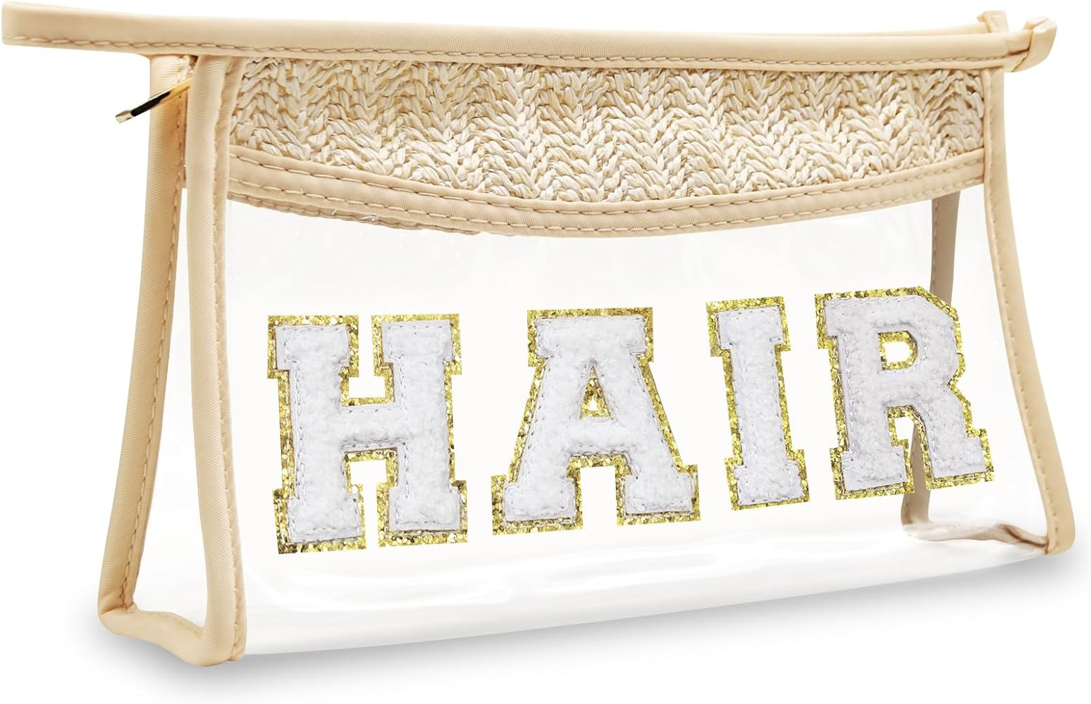 Boho Hand-woven Makeup Bag, Chenille Letter Patch Clear Travel Pouch, Rattan Straw Bag Clear Cosm... | Amazon (US)