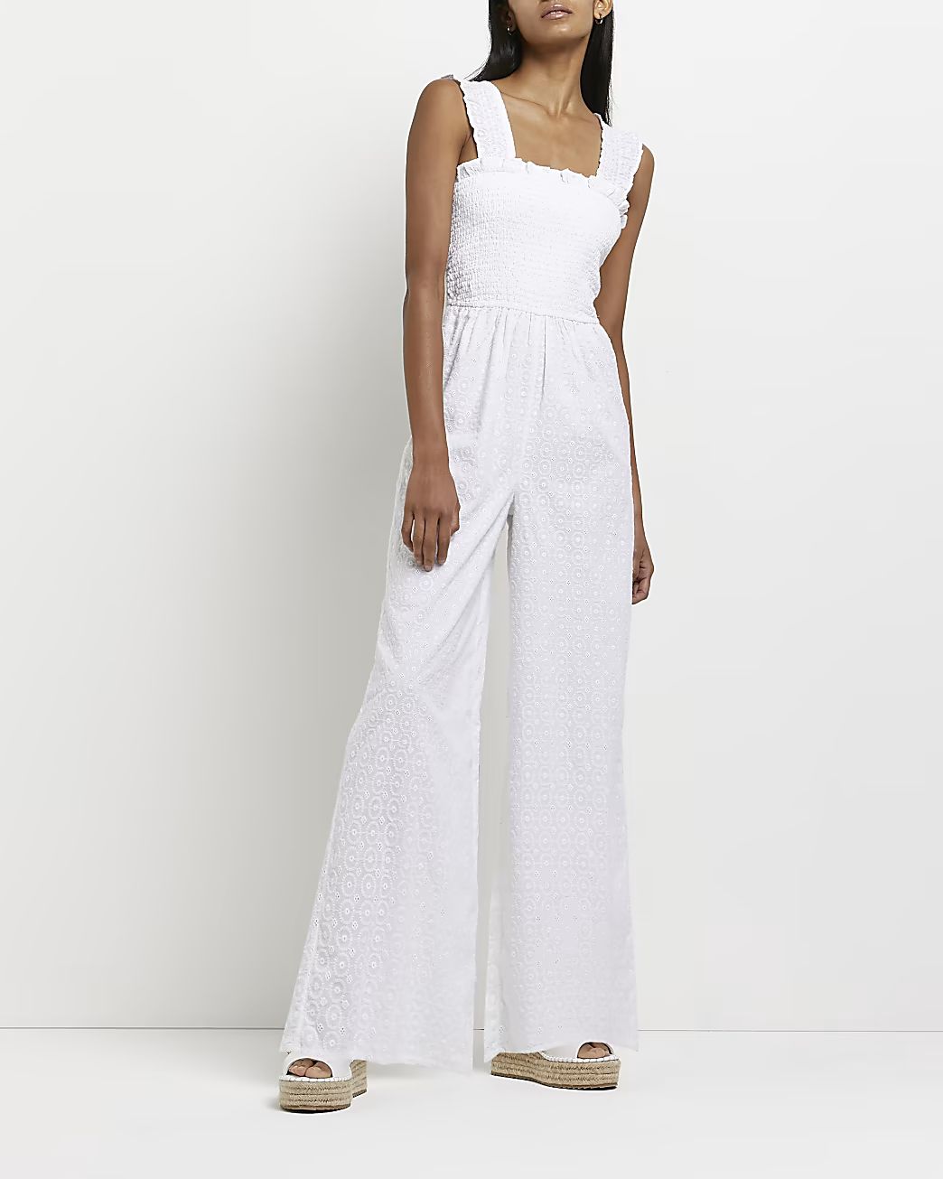 White broderie shirred jumpsuit | River Island (UK & IE)