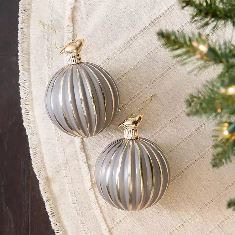 Gray Ribbed Ornaments with Gold Birds, Set of 2 | Kirkland's Home